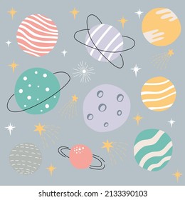 Collection of hand drawn planets. Cute doodles with space and astrology concept.