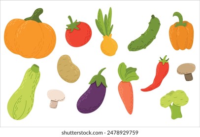 
Colección de ilustraciones de plantas dibujadas a mano aisladas sobre fondo blanco. Conjunto de deliciosos productos vegetarianos frescos para la dieta vegetariana, comida saludable, ingredientes para cocinar. Estilo de dibujos animados planos