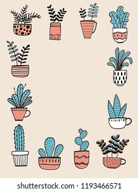 Collection of hand drawn plants in a pot.  Vector illustrations in sketch doodle style.