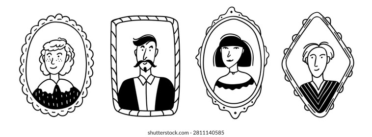 Collection of hand drawn portrait illustrations featuring diverse people inside vintage decorative frames. Minimal black and white vector characters with elegant antique borders for family history, genealogy, avatars, and creative design