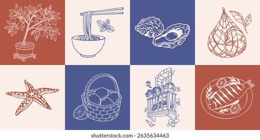 Coleção de cartazes desenhados à mão com comida italiana e elementos de verão. Massas, frutos do mar, ostras, limões. Conjunto mediterrâneo romântico. Ilustração do esboço.