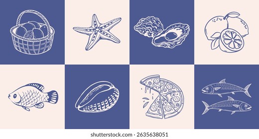 Collection of hand drawn posters with Italian food and summer elements. Seafood, fish, pizza, lemons. Mediterranean set. Sketch illustration.