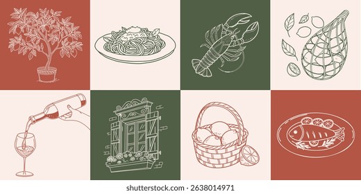 Collection of hand drawn posters with italian food and summer elements. Pasta, seafood, oysters, lemons. Romantic mediterranean set. Sketch.