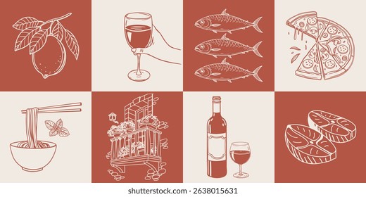 Collection of hand drawn posters with Italian food and summer elements. Pasta, seafood, pizza, lemons and wine. Mediterranean set. Sketch illustration.