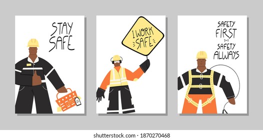 Collection of hand drawn posters with lettering about health and safety on production and construction industries. Set of posters - stay safe, I work safe. Safety first quotes and concepts