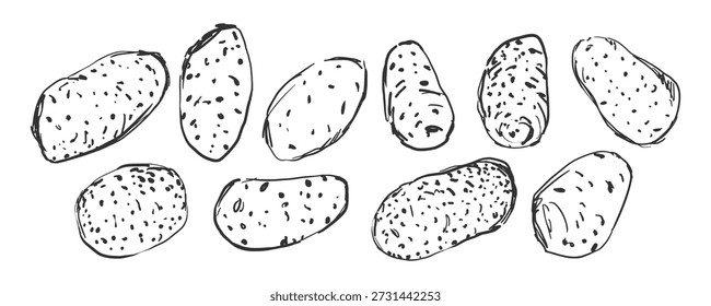 Coleção de ilustrações de batata desenhadas à mão. Estilo de esboço em preto e branco. Imagens vetoriais para cartões de receitas, blogs gastronômicos, menus de restaurantes, tutoriais de culinária, embalagens, etiquetas ou decoração de cozinha.