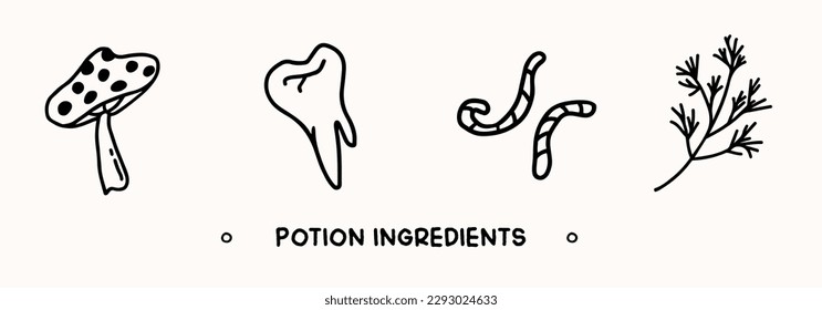 Collection of hand drawn potion ingredients. Witchcraft and helloween elements in doodle style