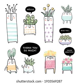 Collection of hand drawn potted plants and succulents illustrations. Watercolor illustrations of potted plants in whimsical style. Isolated on white background, vector illustration.