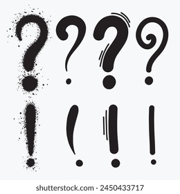 
collection of hand drawn question marks and exclamation marks isolated on white background