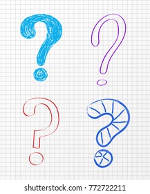 Collection of hand drawn question marks on checked paper background. Vector.