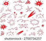 Collection of hand drawn red abstract graphic elements and comic book style speech bubbles