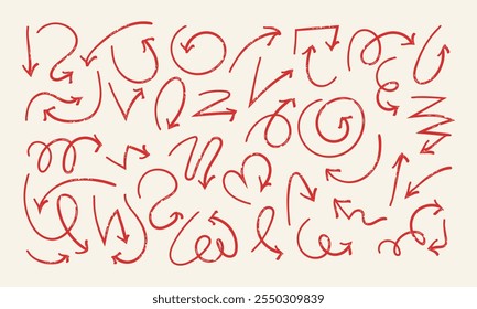 Una colección de flechas rojas dibujadas a mano en varios estilos, curvas y direcciones sobre un fondo beige, perfecto para diseños creativos y presentaciones