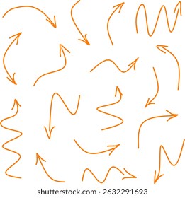 Collection of hand drawn red arrows in various curved, wavy and zigzag styles on white background. Ideal for creative designs, infographics, presentations, landing pages.