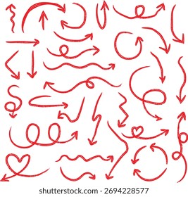 Colección de flechas rojas dibujadas a mano y silueta de diseño abstracto de remolinos