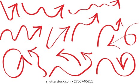 Collection of Hand Drawn Red Arrows Pointing in Various Directions on White Background