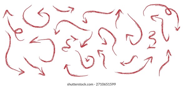 Collection of hand drawn red arrows on white background
