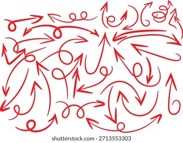 Collection of hand drawn red arrows pointing in various directions illustrating confusion or choice,