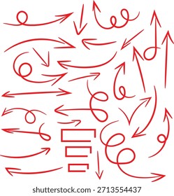 Collection of hand drawn red arrows and curly pointers indicating various directions on a white background.