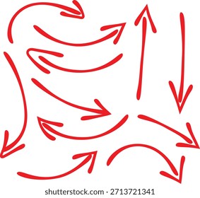 Collection of hand drawn red arrows pointing in various directions for highlighting important information or direction