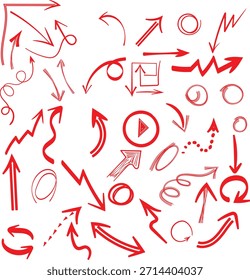 Collection of hand drawn red arrows and doodle elements symbolizing direction movement and choice.