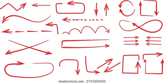 Collection of hand drawn red arrows and shapes indicating direction movement and flow on white background