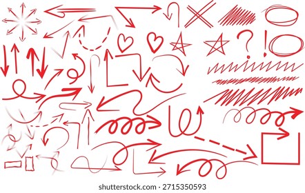 Colección de flechas rojas dibujadas a mano garabatos Formas y Elementos de diseño sobre fondo blanco