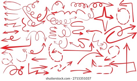 Sammlung von handgezeichneten roten Pfeilen, die für Design- und Navigationselemente in verschiedene Richtungen zeigen