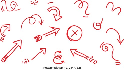 Colección de flechas rojas dibujadas a mano y garabatos en estilo de silueta minimalista, disponible para obtención de licencias comercial.
