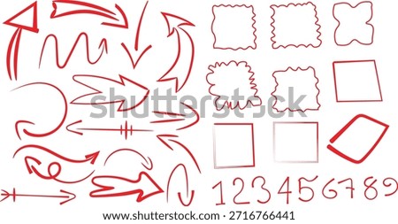 Collection of hand drawn red arrows shapes and sketched border frames with numbers set.