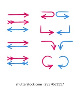 Collection of hand drawn red and blue arrows. Watercolor texture vector elements. Isolated on a white background. For infografic design, posters, banners.