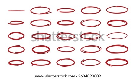 Collection of hand drawn red circles and ovals on a white background.