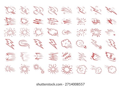 Uma coleção de ícones desenhados à mão do estilo do quadrinho vermelho da explosão do raio e da nuvem dispostos em um padrão de grade