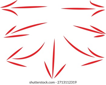 Coleção de setas direcionais vermelhas desenhadas à mão apontando em várias direções para navegação e ênfase.