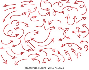 Collection of hand drawn red doodle arrows pointing in various directions for design and direction