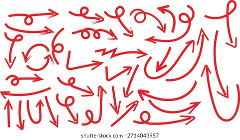 Collection of hand drawn red doodle arrows pointing in many different directions for design elements
