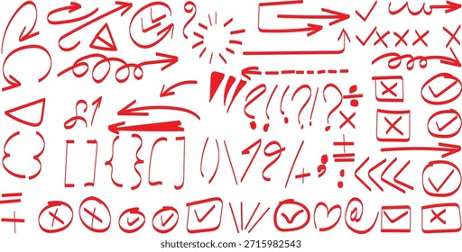 Sammlung von handgezeichneten roten Doodle-Symbolen Pfeile Markierungen Satzzeichen und Korrekturzeichen.