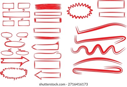 Coleção de elementos de rabiscar vermelho desenhado à mão, incluindo setas círculos sublinhados e rabiscos abstratos para design