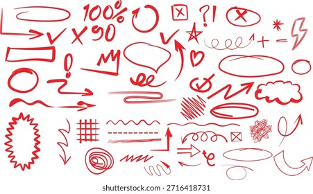 Collection of hand drawn red doodle elements including arrows circles underlines and abstract scribbles for design