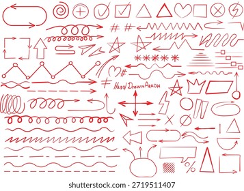 Colección de flechas de garabatos rojas dibujadas a mano garabatos Formas y varios Elementos de diseño de infografía aislados en blanco.