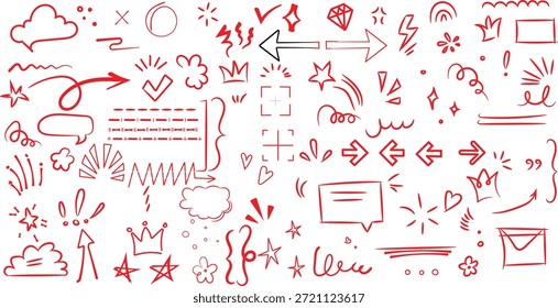 Collection of hand drawn red doodle arrows highlights abstract shapes borders and various decorative design elements for annotation.