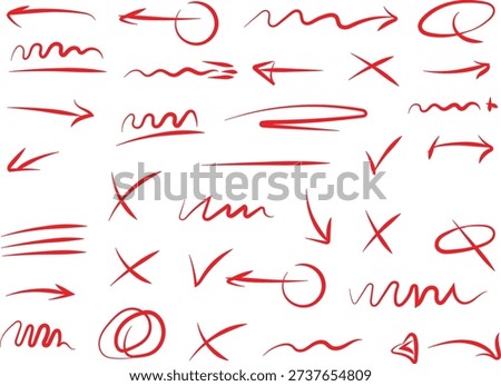 Collection of hand drawn red doodle arrows correction marks and symbols