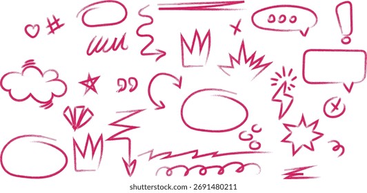 Sammlung von handgezeichneten roten Doodles und Symbolen auf weißem Hintergrund für das Design