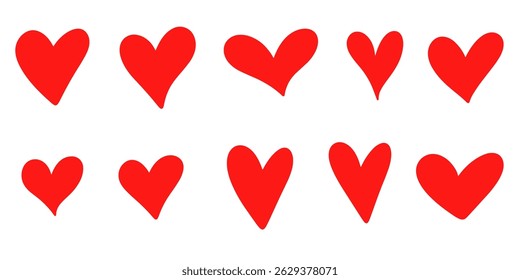 collection of hand drawn red heart illustrations in various styles and shapes. This vector set features sketchy, minimalist, and bold heart icons.