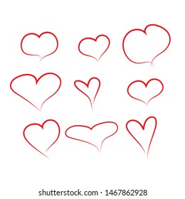 Collection of hand drawn red hearts 