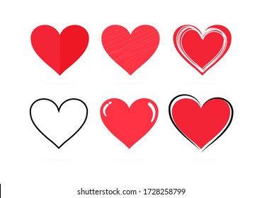 Collection of hand drawn red hearts on a white background. Symbol of love and care. Six beautiful different styles. Suitable for any style. Isolated easy to edit Flat Vector Illustration EPS 10