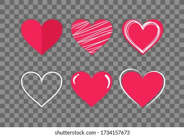 Colección de corazones rojos dibujados a mano sobre un fondo transparente. Símbolo de amor y cuidado. Seis hermosos estilos diferentes. Adecuado para cualquier estilo. Isolación fácil de editar Ilustración de vectores planos EPS 10