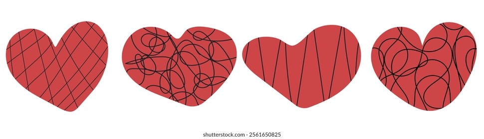 Collection of hand drawn red hearts with curvy line textures. Valentine's day creative elements.
Vector icons for romantic design. Symbol of love.