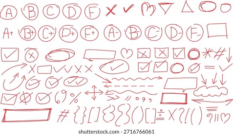 Colección de símbolos de clasificación de tinta roja dibujados a mano, marcas de verificación, flechas e Elementos de doodle abstractos