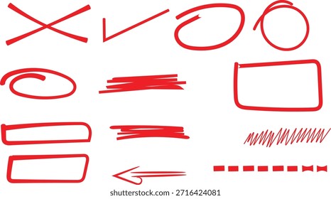 Colección de símbolos de marca roja dibujados a mano y Elementos de edición para corrección y anotación.............