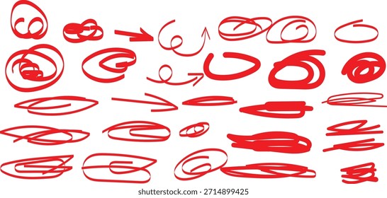 Sammlung von handgezeichneten roten Marker-Scribbles Kreise Pfeile und Unterstreichungen für die Hervorhebung wichtiger Textelemente.